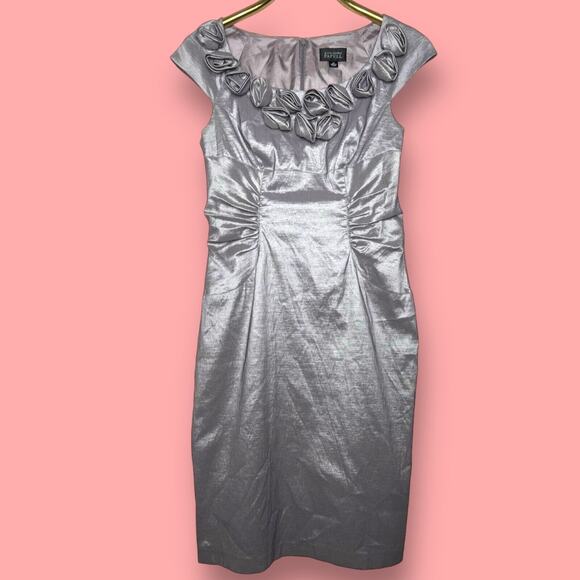 Adrianna Papell Cocktail Dress Size 10 Silver Gray Rosette Evening Sheath - Picture 13 of 13